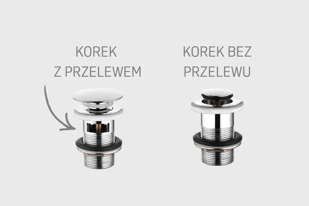 Dwa korki do umywalki: jeden z przelewem, drugi bez. Ułatwiają wymianę starego elementu.