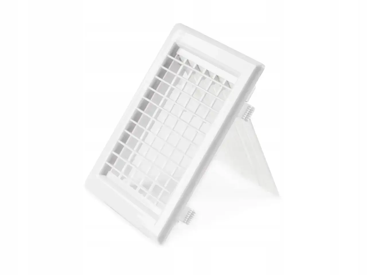 Biała kratka wentylacyjna z blokadą ciągu wstecznego, idealna do kontroli przepływu powietrza w systemach wentylacyjnych.