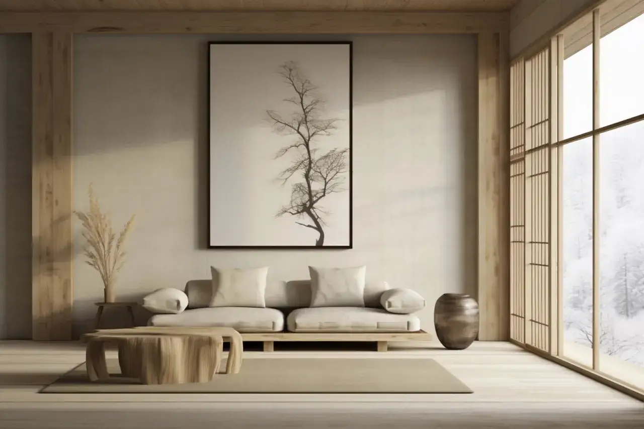 Salon w stylu zen. Niskie drewniane meble, obraz z drzewem, jasne tekstylia i duża okno z widokiem na zimowy las tworzą harmonię.