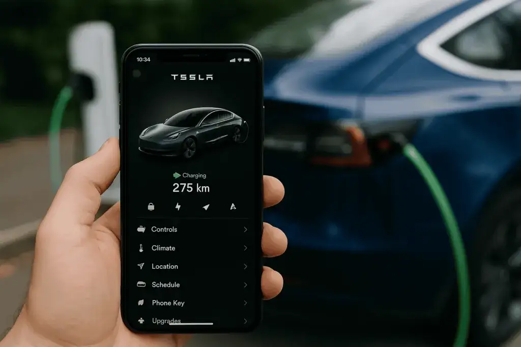 Aplikacja Tesla na smartfonie z widokiem ładowania