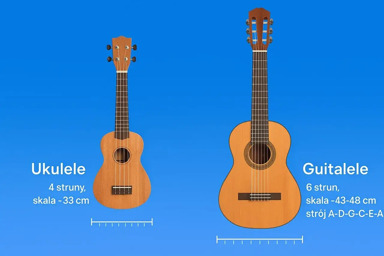Ukulele to mały, czterostrunowy instrument muzyczny, mniejszy od gitary. Obok niego widać gitarę.