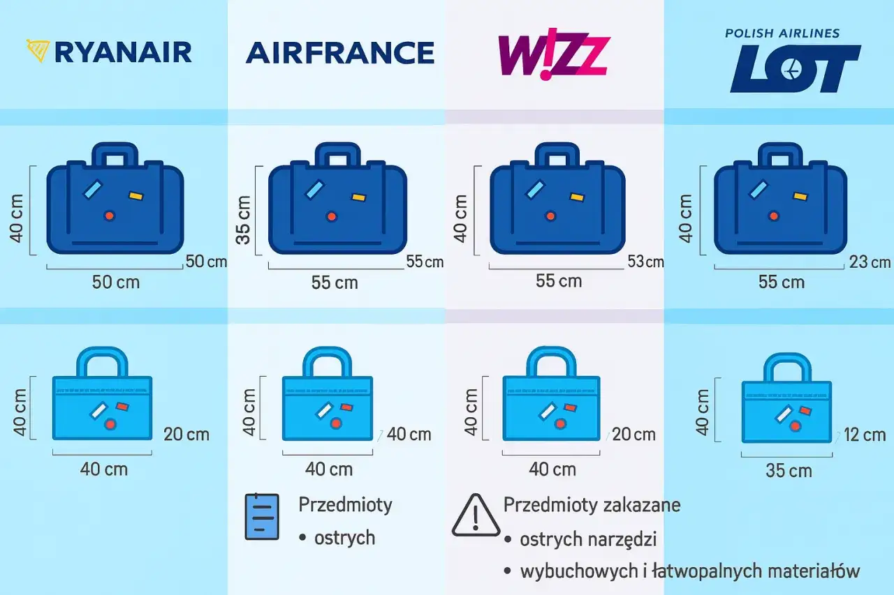 Ile można wziąć bagażu na pokład samolotu? Odpowiadamy. Porównanie wymiarów bagażu podręcznego i rejestrowanego dla linii Ryanair, Air France, Wizz Air i LOT.