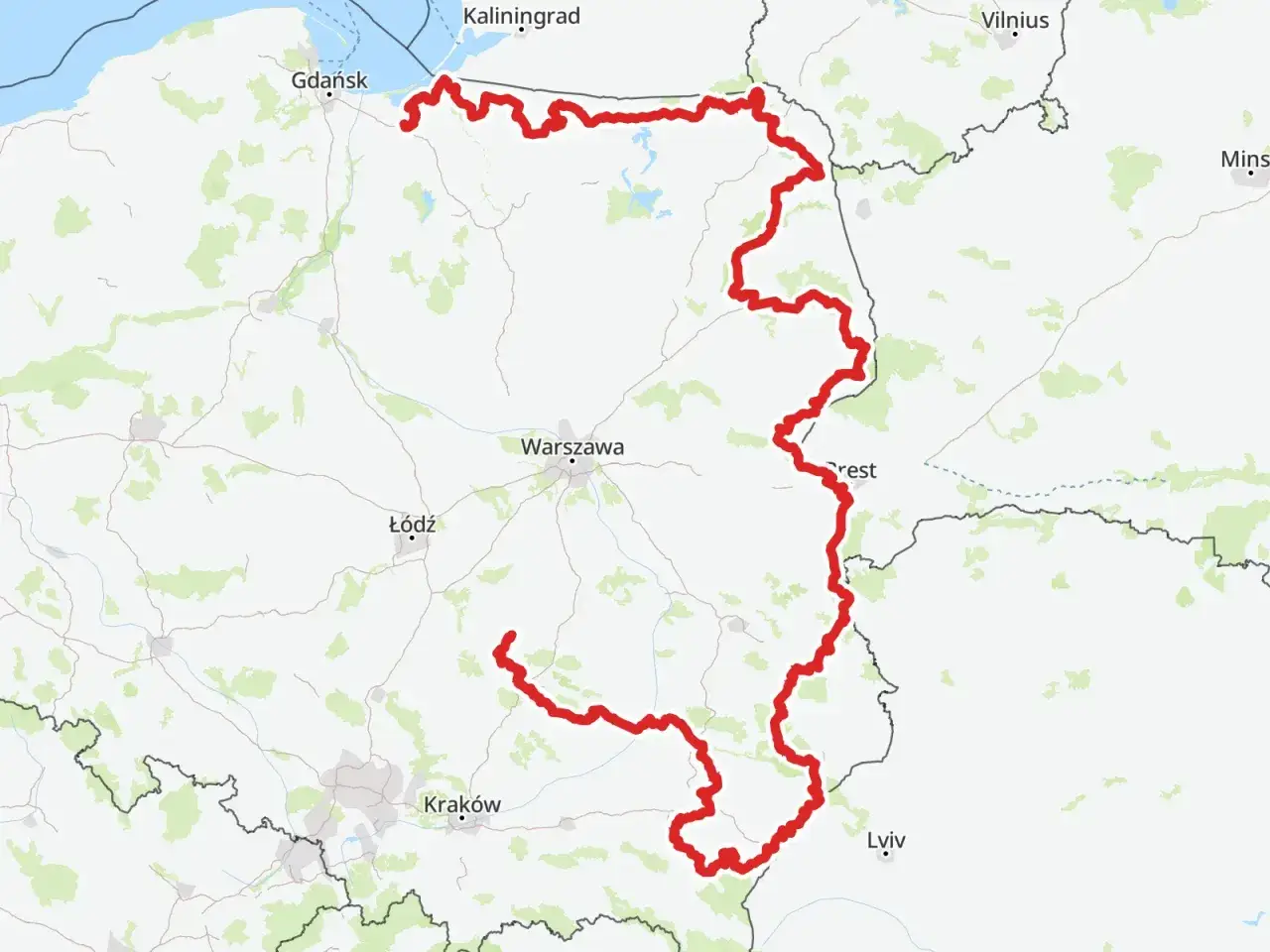 Mapa pokazuje, jak zaplanować trasę rowerową wzdłuż polskiego wybrzeża etapami, od Gdańska po wschodnią granicę, z zaznaczonymi miastami jak Warszawa i Kraków.