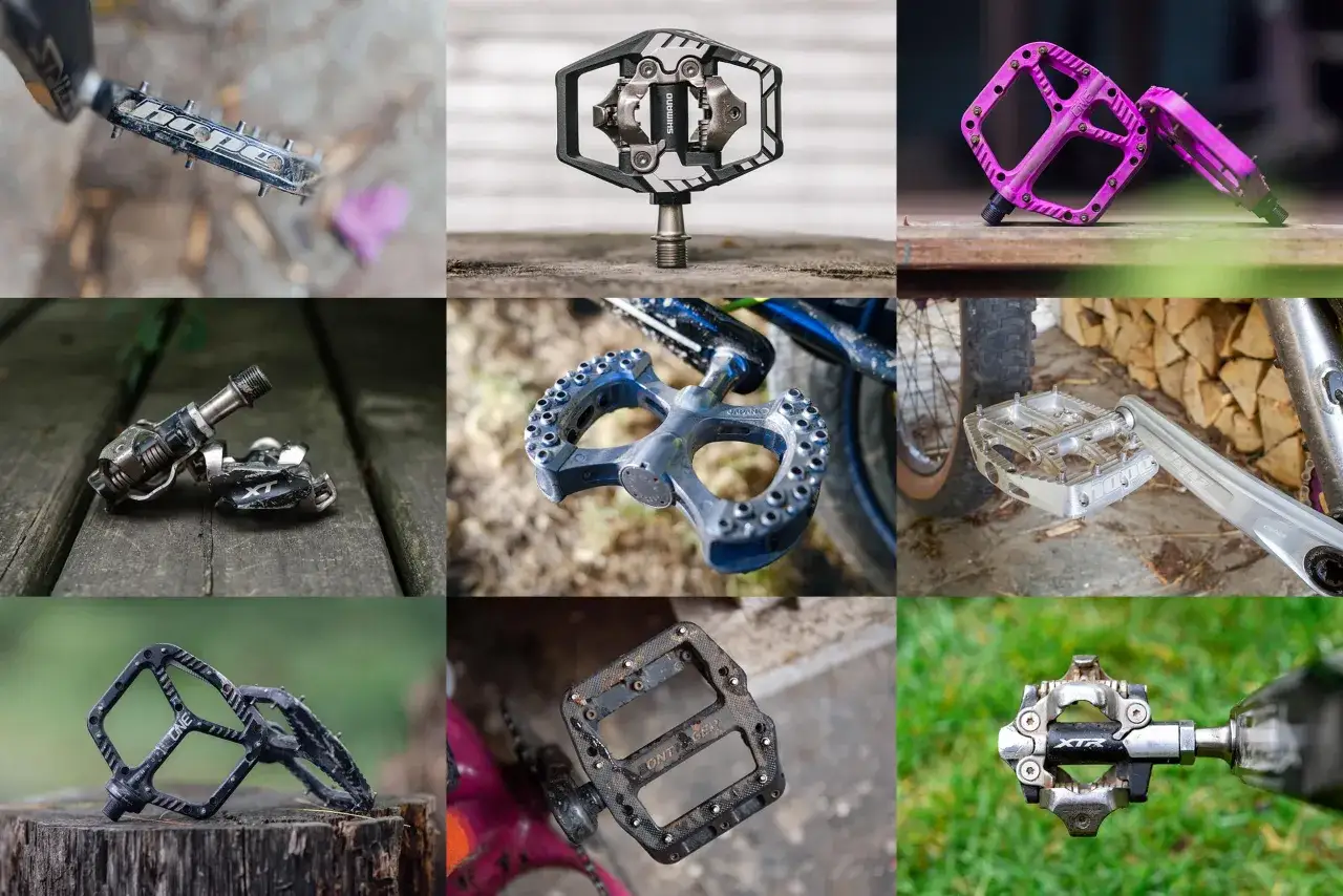 R&oacute;żnorodne pedały rowerowe, w tym platformowe i zatrzaskowe, pomagające wybrać jakie pedały do gravela.