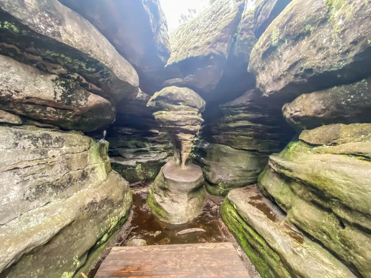 Wąw&oacute;z w G&oacute;rach Stołowych, typ g&oacute;r płytowych, z omszałymi skałami i drewnianym mostkiem nad strumieniem.