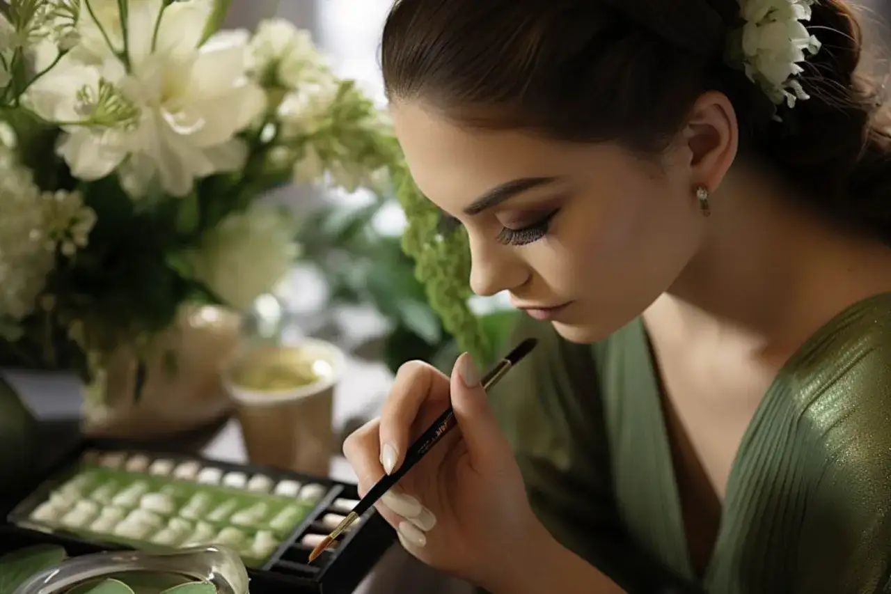 Delikatny makijaż do zielonej sukienki, tworzony z precyzją pędzla.