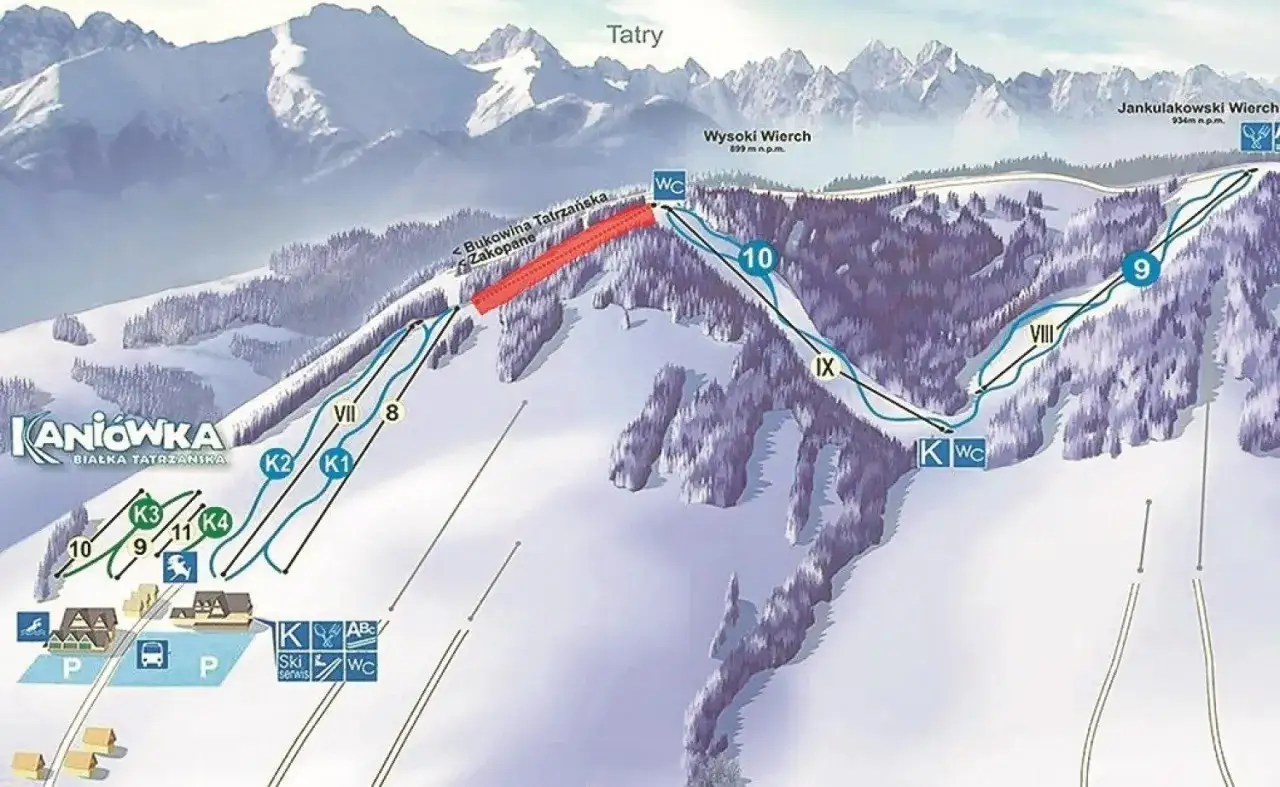 Mapa tras narciarskich w Bukowinie Tatrzańskiej. Widoczne wyciągi i oznaczone trasy o numerach od VII do X.