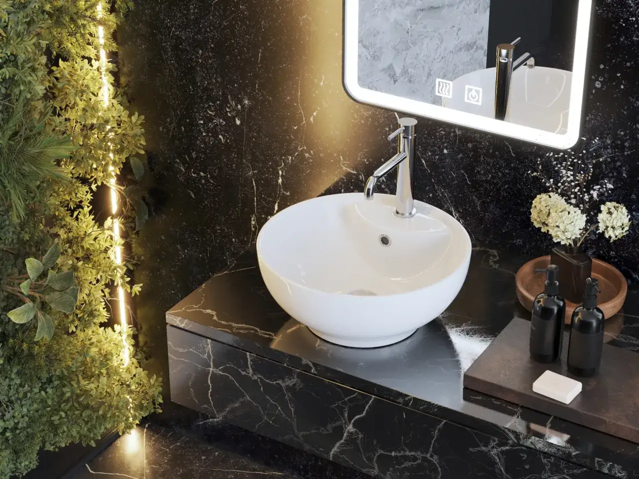 Elegancka umywalka nablatowa 50 w łazience z czarnego marmuru, oświetlona roślinnością i lustrem.