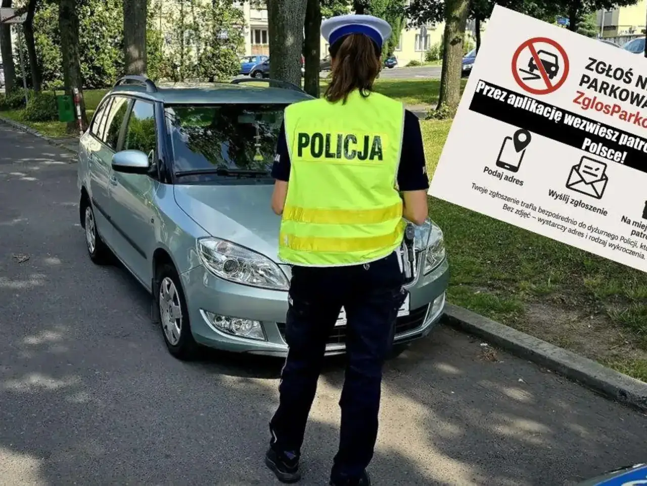 Policjantka przy samochodzie, obok plakat o anonimowym zgłoszeniu wykroczenia drogowego przez aplikację.