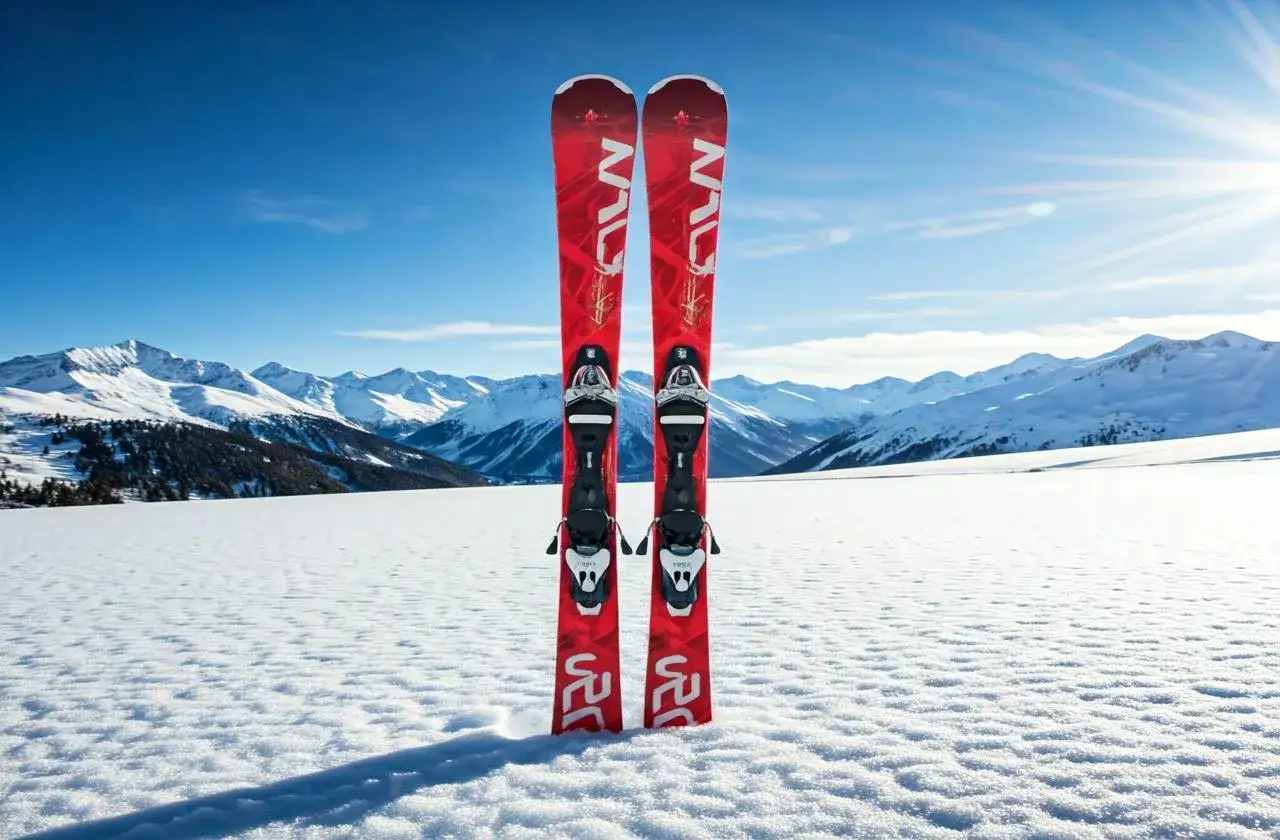 Czerwone narty zjazdowe z czarnymi wiązaniami stoją na śniegu. W tle góry i błękitne niebo. Zastanawiasz się, ile ważą narty zjazdowe?