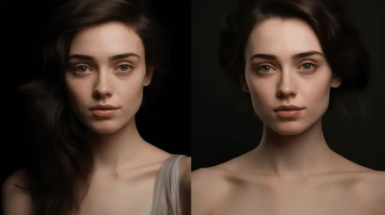 Por&oacute;wnanie twarzy przed i po retuszu twarzy online. Po lewej włosy opadają na twarz, po prawej są upięte.