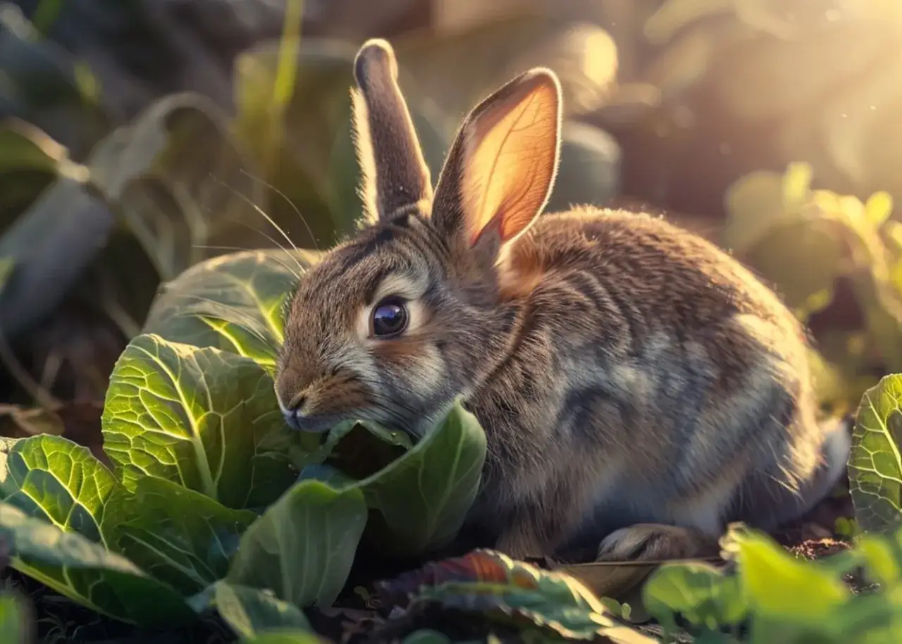 Mały kr&oacute;lik w słoneczny dzień chrupie liście kapusty. Czy kr&oacute;lik może jeść kapustę? Tak, jeśli jest świeża i podana w umiarkowanych ilościach.