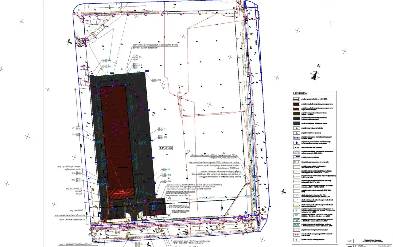 Plan sytuacyjny z zaznaczonymi projektowanymi elementami infrastruktury. Koszt wytyczenia działki przez geodetę zależy od wielu czynników, ale ten dokument pokazuje szczegółowy projekt.