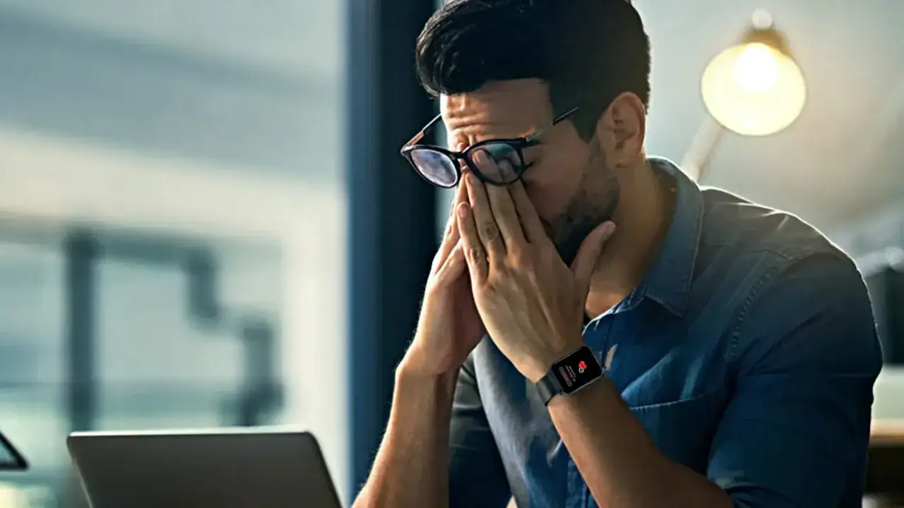 Zmęczony mężczyzna w okularach pociera oczy, a na jego nadgarstku widoczny jest smartwatch z powiadomieniem o tętnie.
