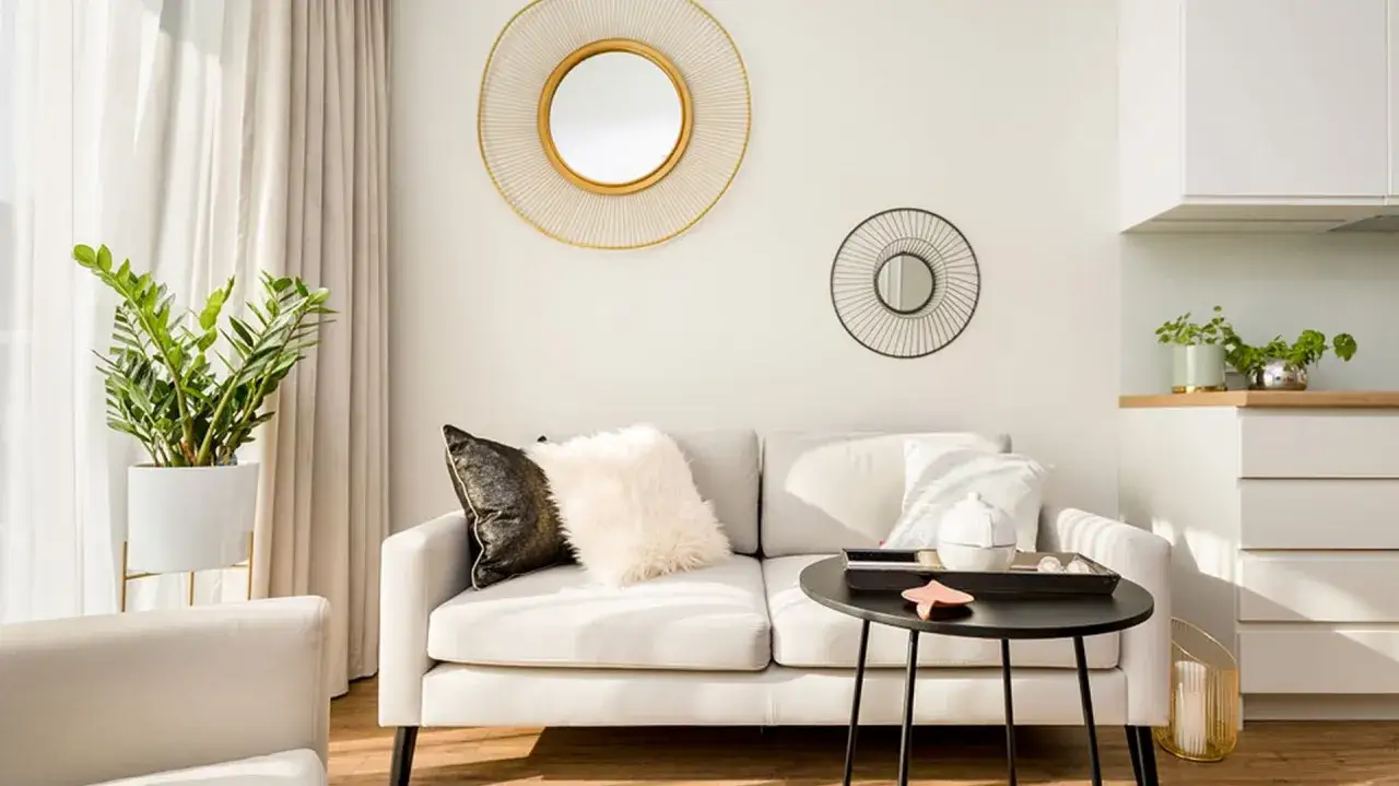 Jasna kanapa w odcieniu beckers soft ecru, ozdobiona puszystą poduszką i lustrami na ścianie, tworzy przytulną przestrzeń.