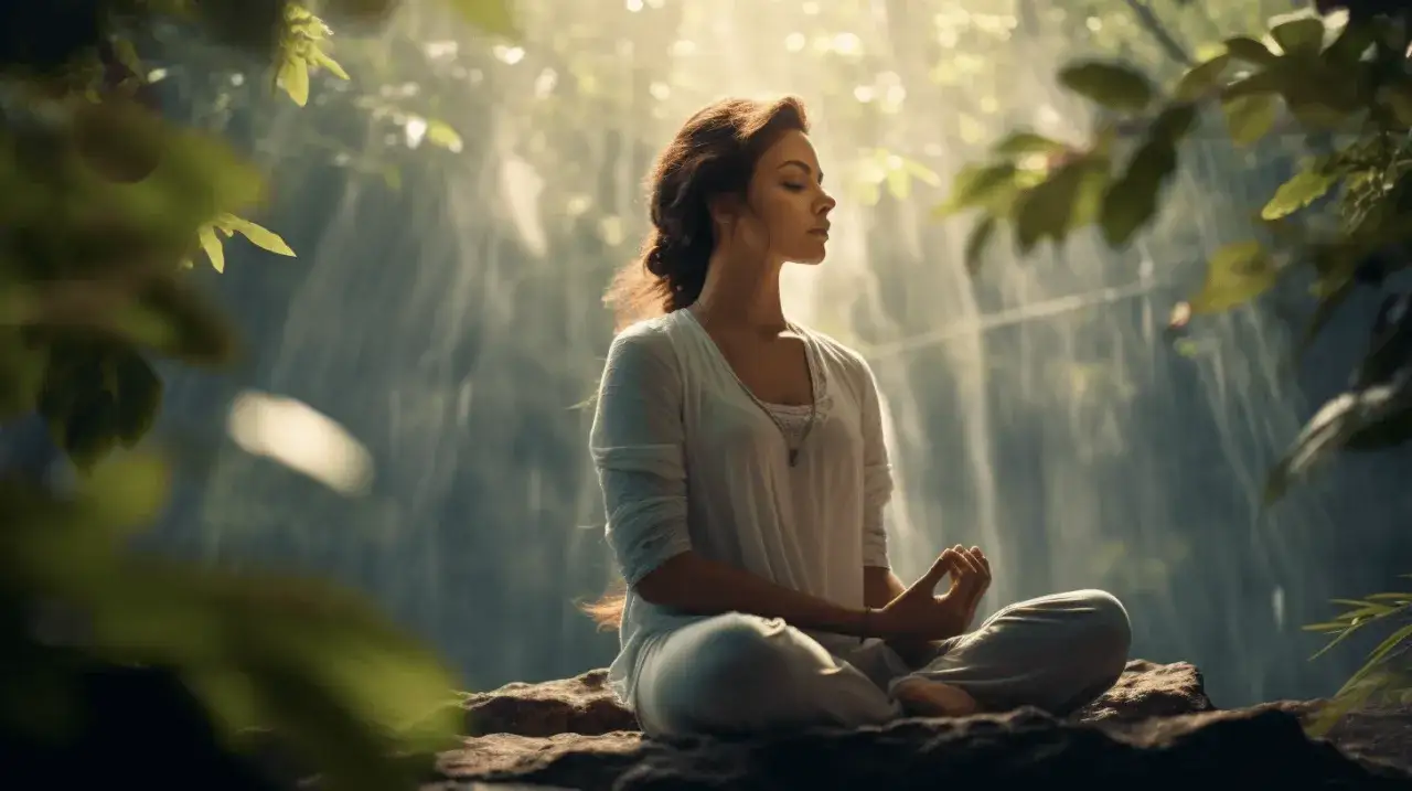 Kobieta w białej szacie medytuje na skale w lesie. Promienie słońca przebijają się przez liście, tworząc magiczną atmosferę. To właśnie jest medytacja – chwila spokoju i wyciszenia.