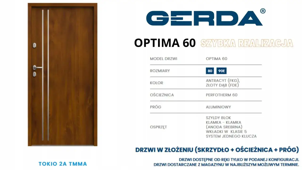 Drzwi antywłamaniowe Gerda Optima 60 w kolorze złotego dębu, z dwoma pionowymi, srebrnymi paskami.