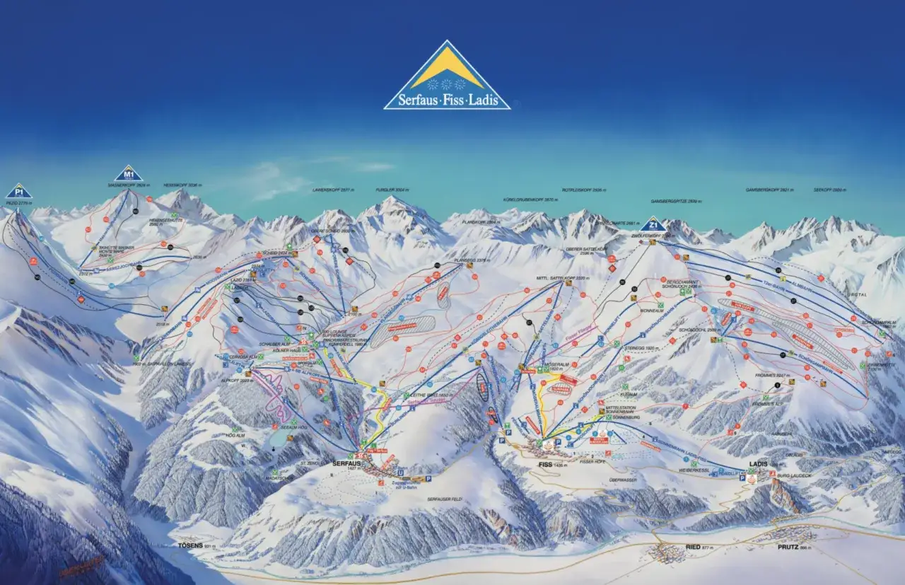 Mapa ośrodka Serfaus-Fiss-Ladis z trasami narciarskimi, wyciągami i zaznaczonym zimowy tor saneczkowy.
