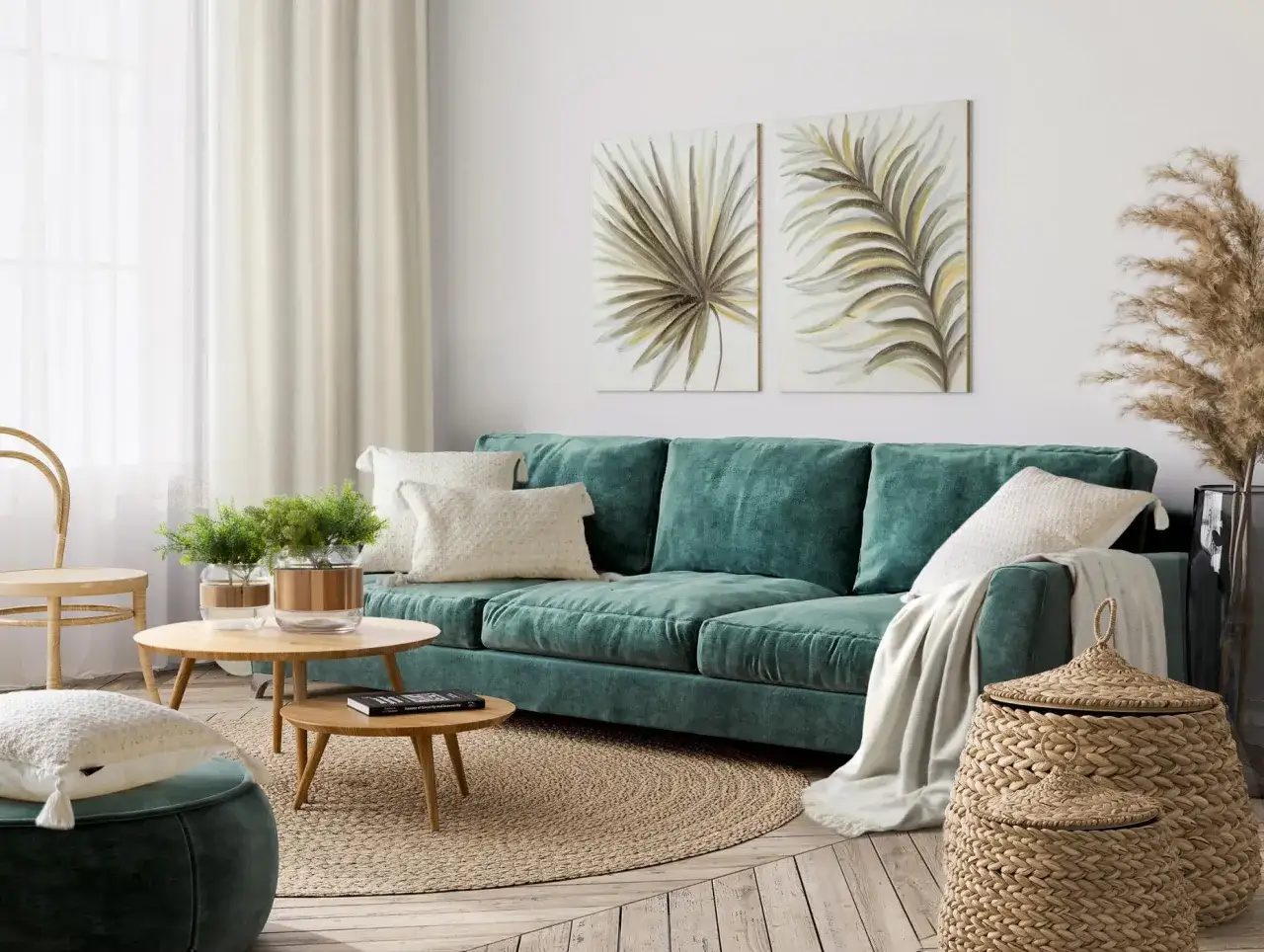 Jasne zasłony idealnie komponują się z zieloną kanapą, tworząc przytulną atmosferę. Wnętrze zdobią obrazy z motywem liści i plecione kosze.