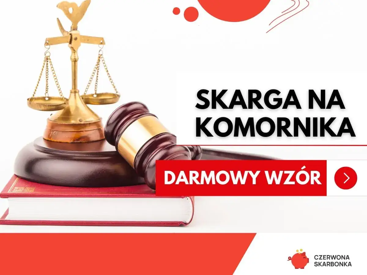 Skarga na czynności komornika – darmowy wzór. Waga sprawiedliwości i młotek sędziowski na książce.