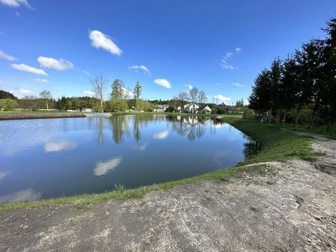 Piękny, świeżo wykopany staw z odbijającymi się chmurami. Zastanawiasz się, ile kosztuje wykopanie stawu?