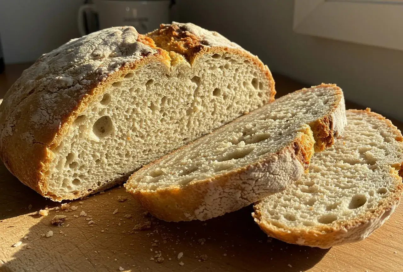 Pyszny, domowy chleb pokrojony na kromki. Zastanawiasz się, ile chleba na 20 osób? Ten bochenek wystarczy na małe kanapki.