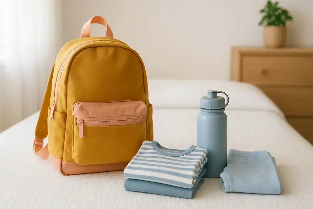 Plecak, ubranka i bidon – wszystko, co potrzeba do żłobka dla dziecka.