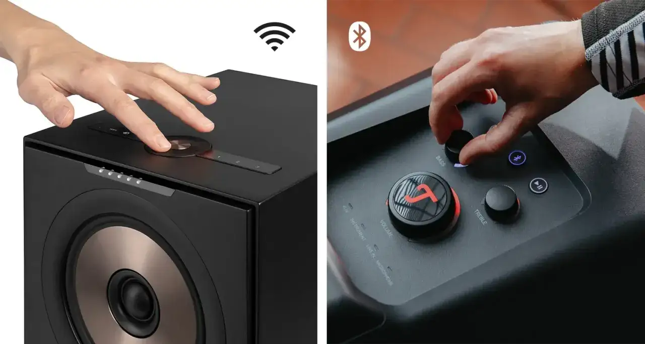 Dwie ręce sterują głośnikami. Jedna dotyka panelu, druga kręci pokrętłem. Czy bluetooth działa bez internetu? Tak, to jego główna zaleta.