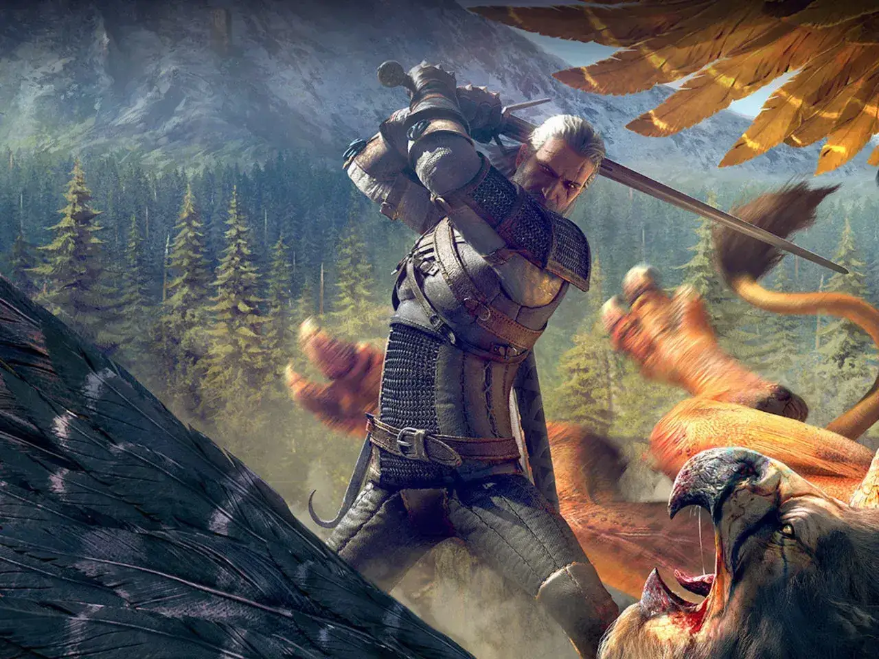Geralt z Rivii walczy z potworem w g&oacute;rskim lesie. To scena z pierwszej części Wiedźmina.