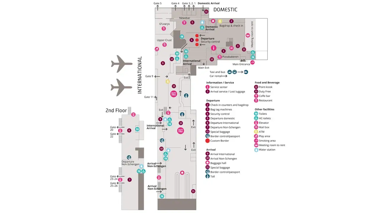 Plan lotniska Sandefjord Torp. Mapa przedstawia rozmieszczenie bramek, punktów usługowych, restauracji i innych udogodnień na dwóch poziomach.
