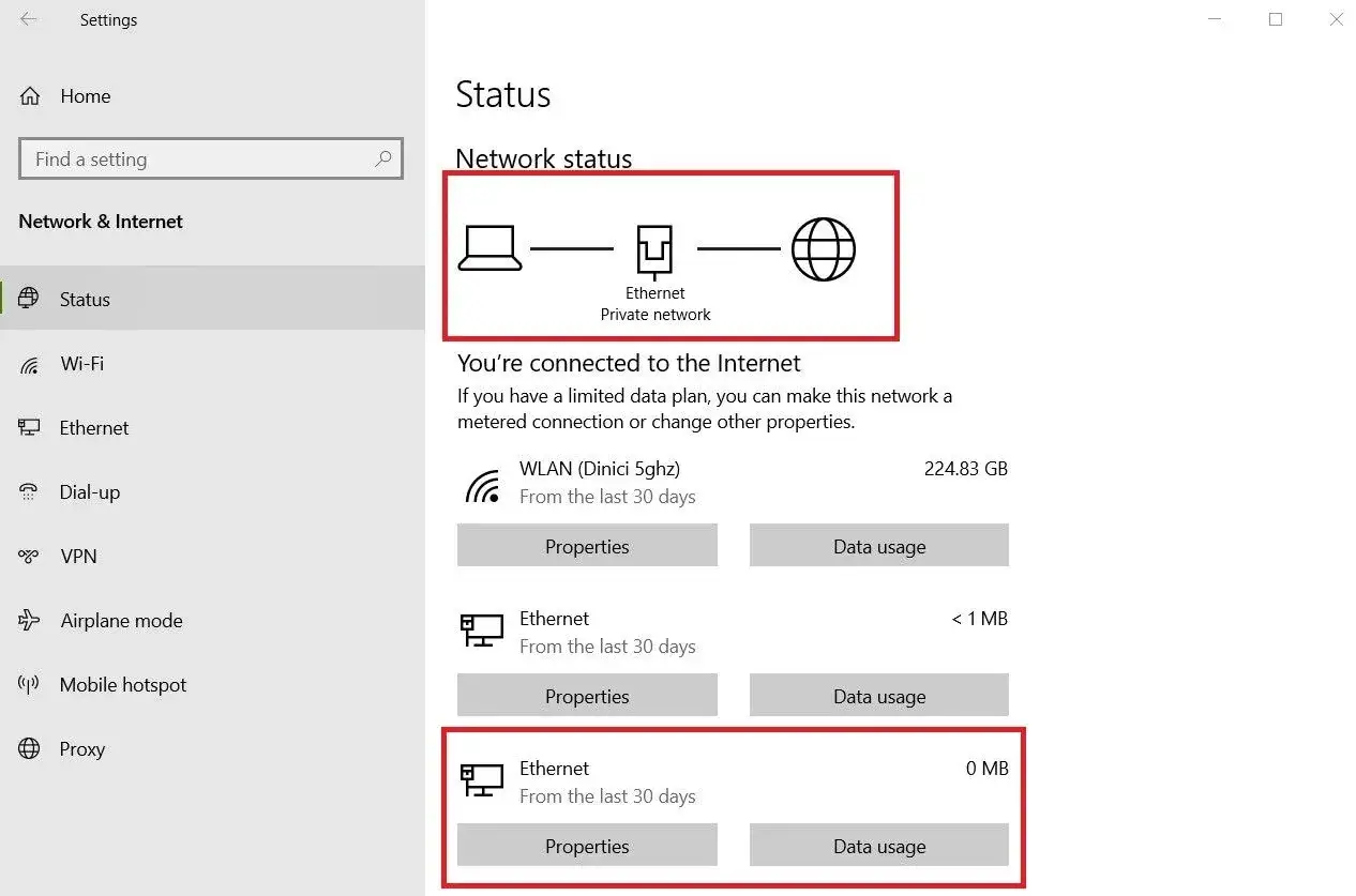 Status sieci pokazuje, że tethering USB nie działa, ponieważ połączenie Ethernet jest nieaktywne.
