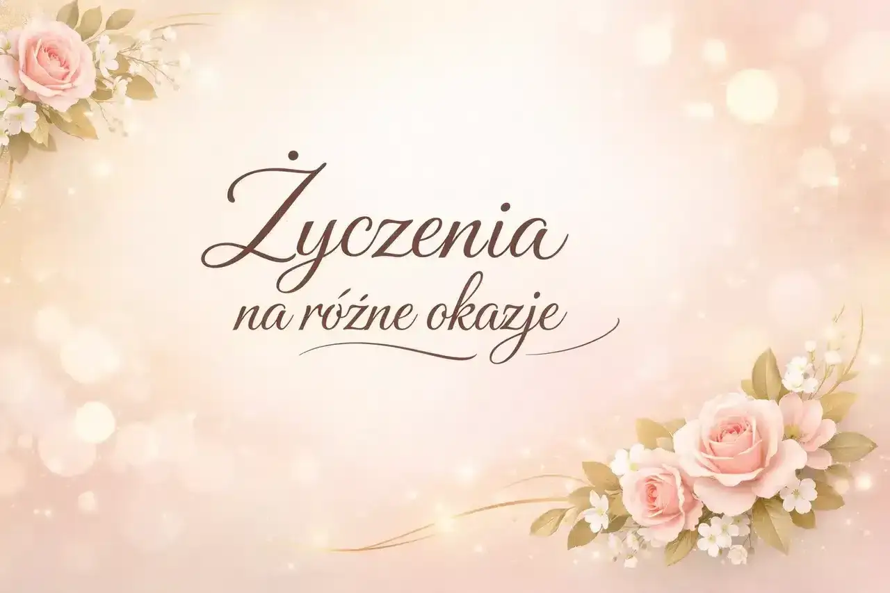 Eleganckie przykładowe gratulacje na r&oacute;żne okazje, ozdobione delikatnymi r&oacute;żowymi r&oacute;żami i subtelnymi błyskotkami.