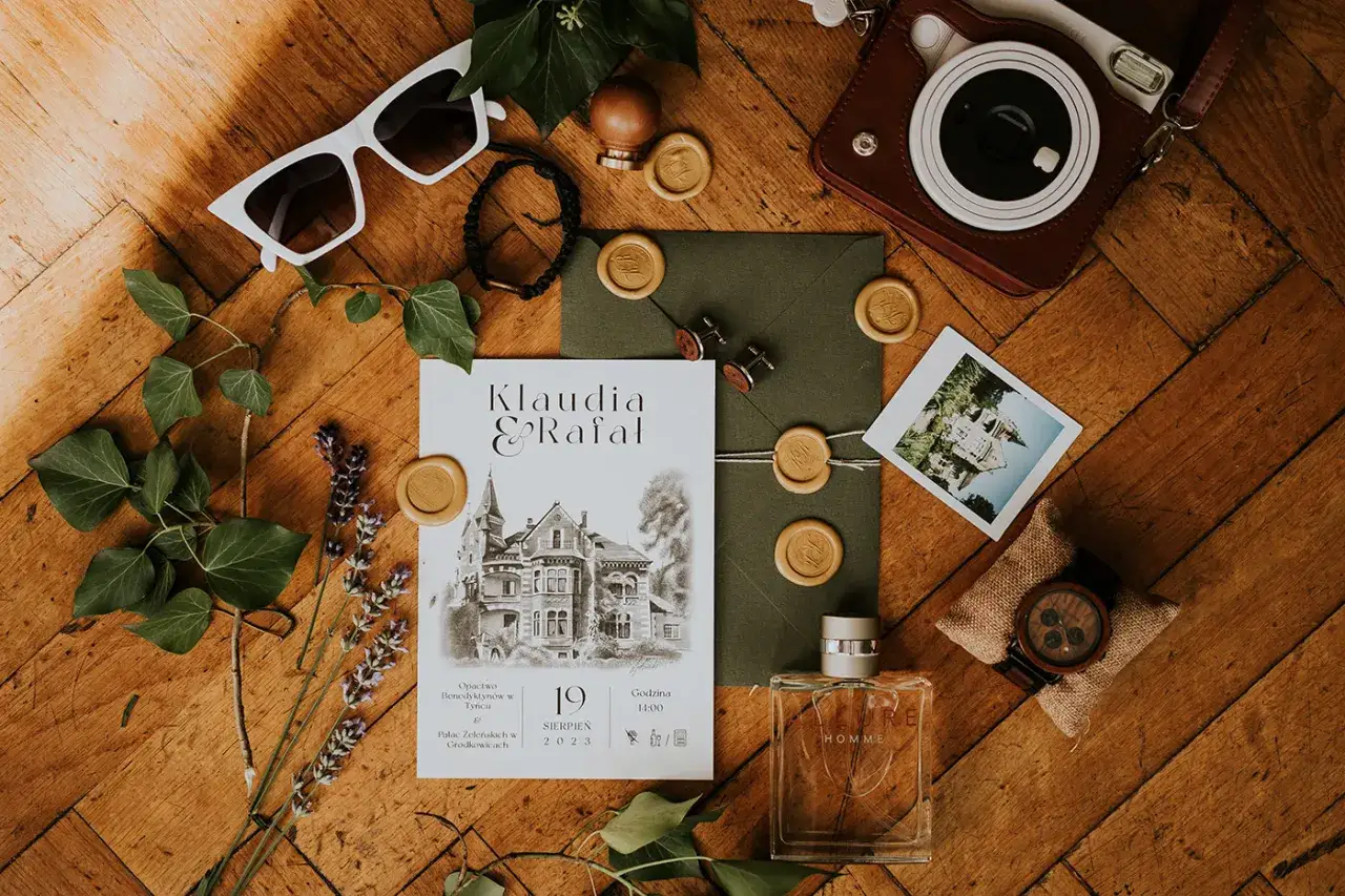 piękne ręcznie robione zaproszenia ślubne DIY aranżacja flat lay