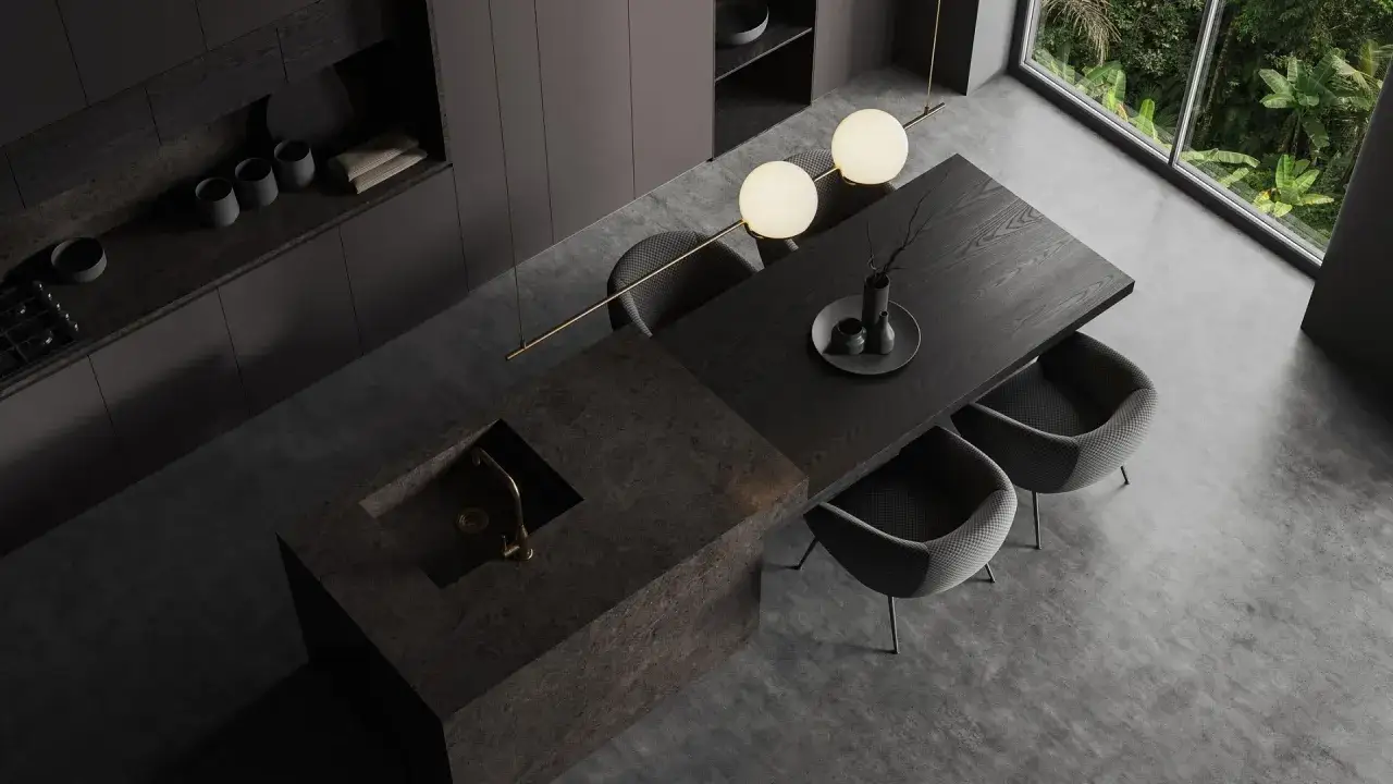 Nowoczesna kuchnia z wyspą, stołem i krzesłami. Podłoga z żywicy, choć stylowa, może mieć wady, jak widoczne nier&oacute;wności.