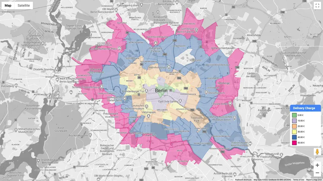 Mapa Berlina z zaznaczonymi strefami dostawy. Dowiedz się, jak umieścić mapę Google na swojej stronie.