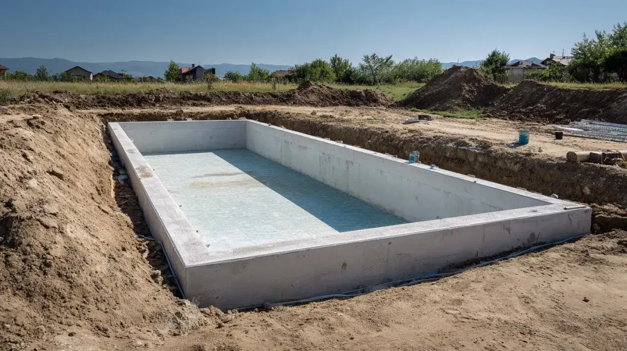 Budowa basenu przy domu: betonowa niecka w wykopie, gotowa do dalszych prac. Zastanawiasz się, ile kosztuje budowa basenu przy domu?
