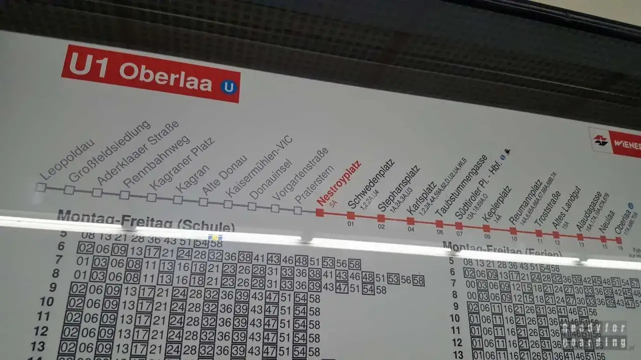 Rozkład jazdy linii U1 metra w Wiedniu, z zaznaczonymi stacjami od Leopoldau do Oberlaa.
