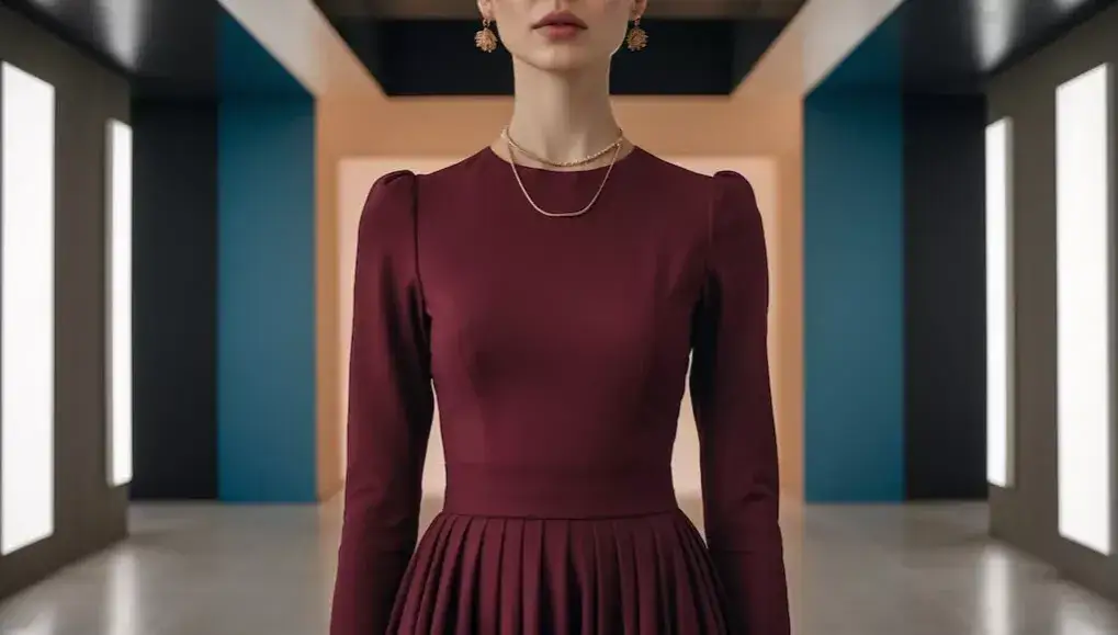 bordowa sukienka złota biżuteria srebro