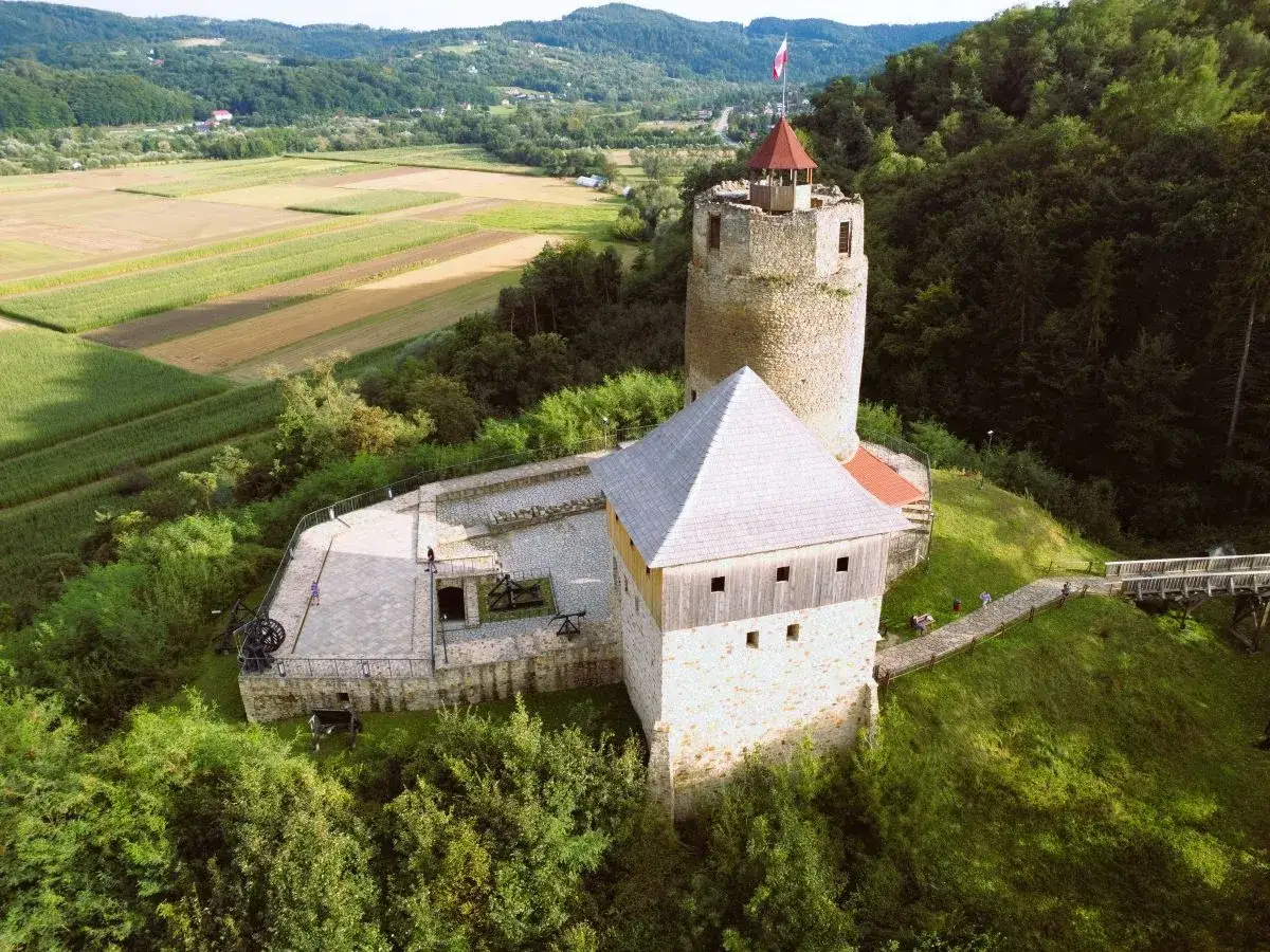 Zamek Czchów, kamienna wieża i dziedziniec otoczone zielenią, z polami uprawnymi w tle.