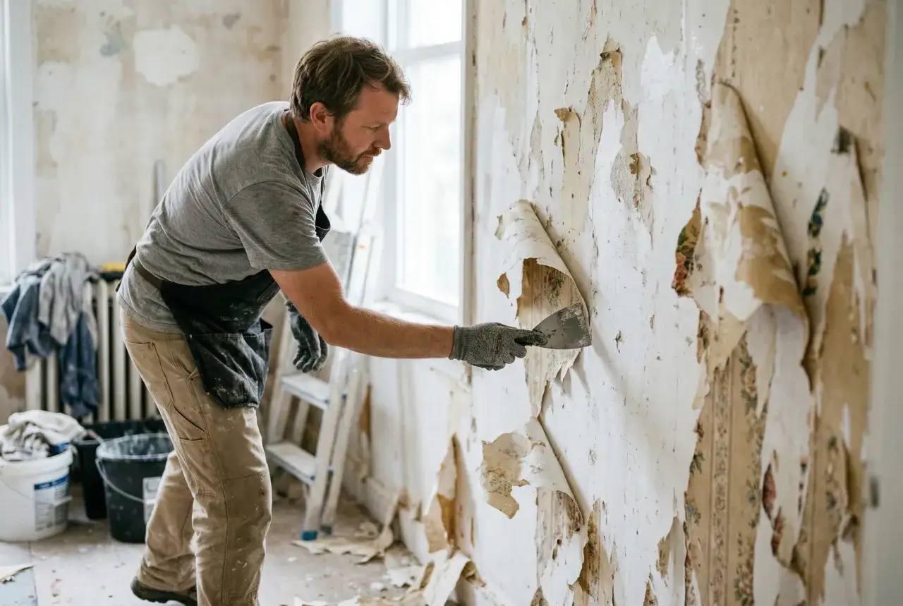 Mężczyzna zeskrobuje starą tapetę, przygotowując ścianę. Czy można kleić tapetę na tapetę? To pytanie, na które odpowiedź znajdziemy po usunięciu starej warstwy.