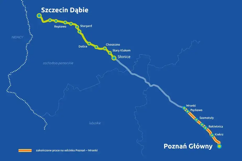Mapa modernizacji linii kolejowej E59 Poznań Szczecin