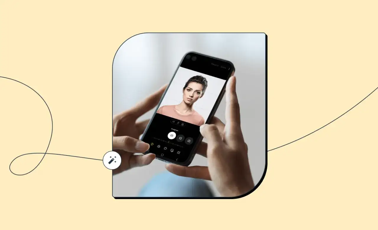 Dłonie trzymają smartfon z portretem kobiety. Na ekranie widać intuicyjny program do obr&oacute;bki zdjęć na telefon, z opcjami edycji.