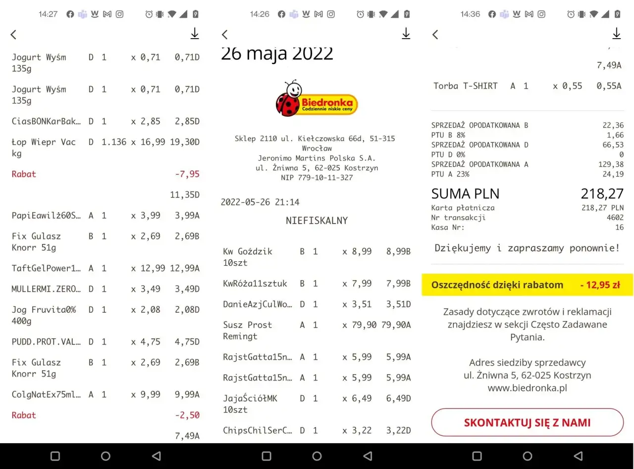 Aplikacja Moja Biedronka ekran gł&oacute;wny historia zakup&oacute;w