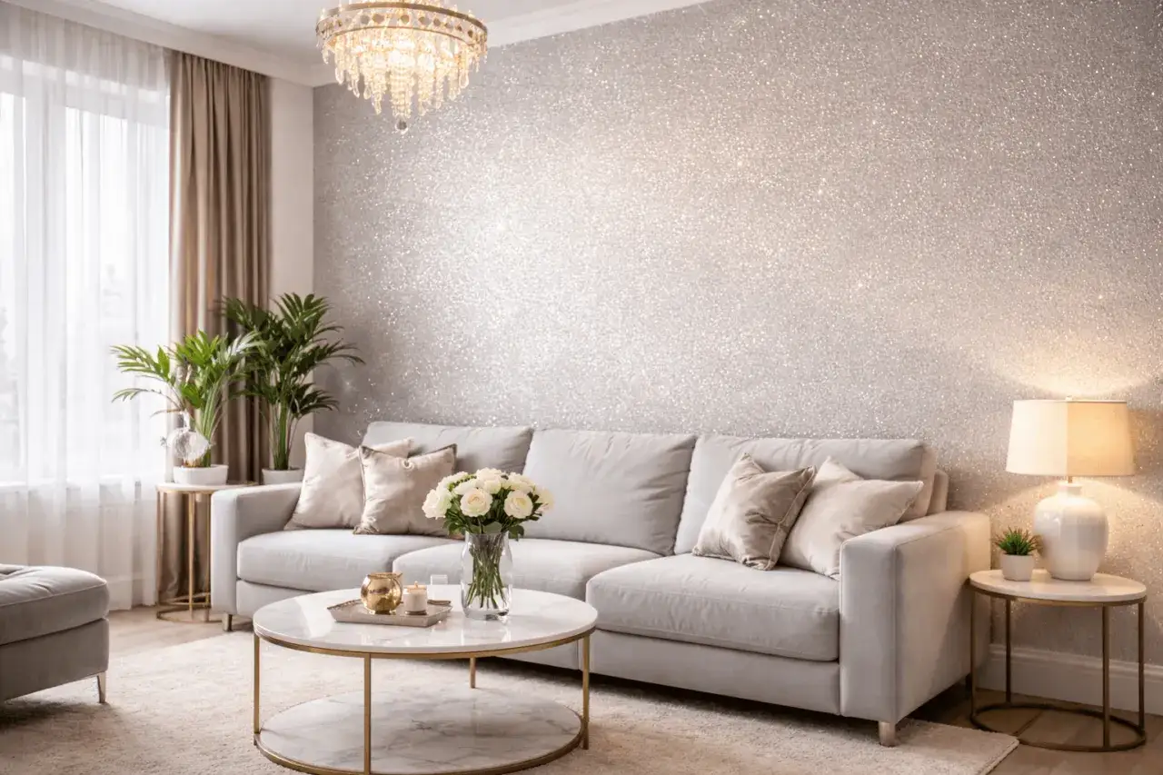 Elegancka ściana z brokatem, która zachwyca blaskiem. Dowiedz się, jak nałożyć brokat na ścianę, by uzyskać taki efekt.