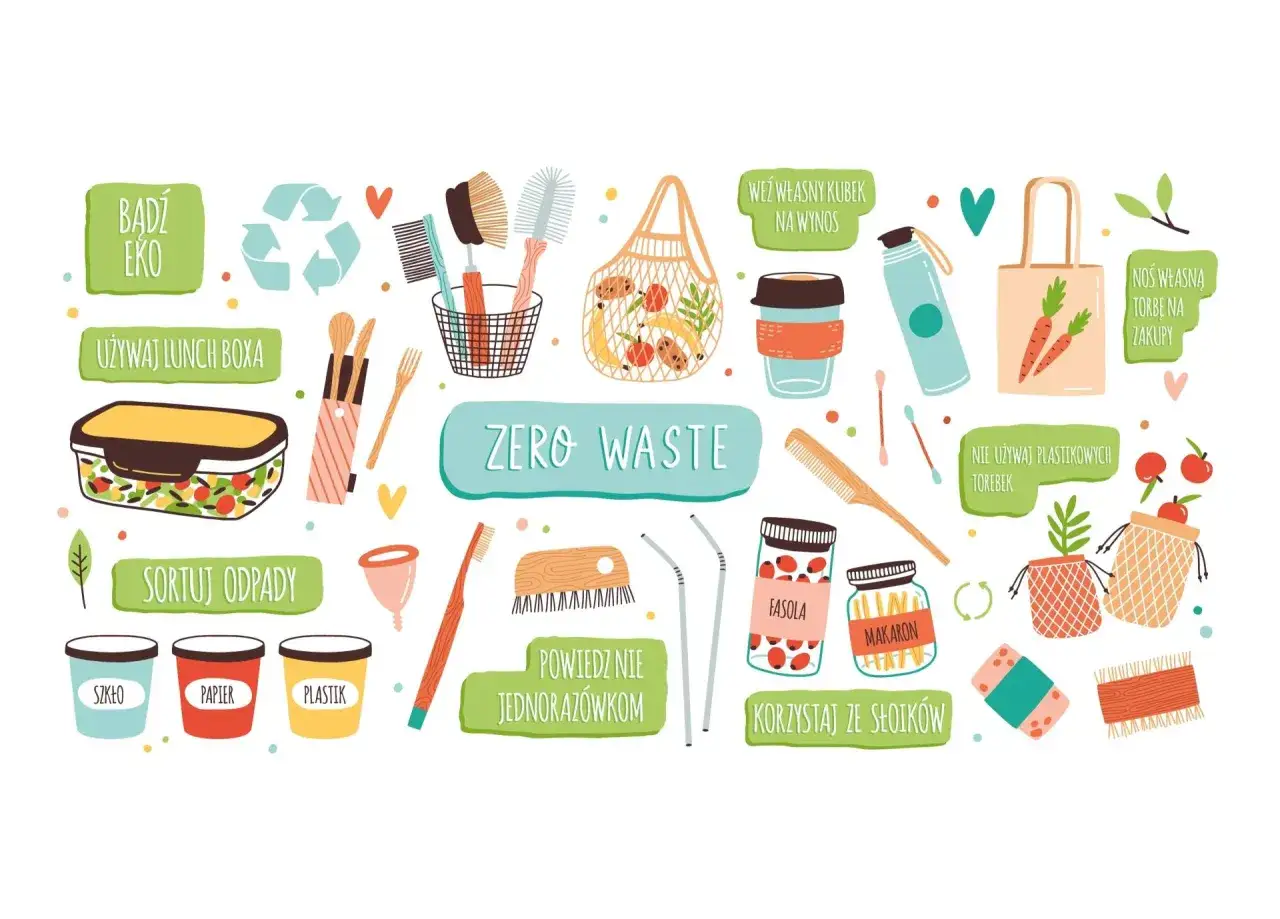 Ilustracja promuje styl życia zero waste: lunch box, kubek na wynos, torba na zakupy, słoiki, szczoteczki, słomki, sortowanie odpadów.