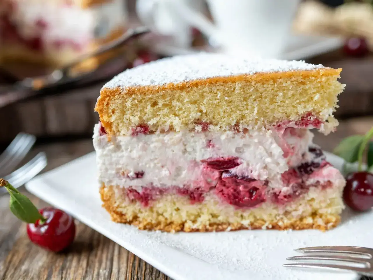 Gotowe ciasto biszkoptowe z kremem i owocami