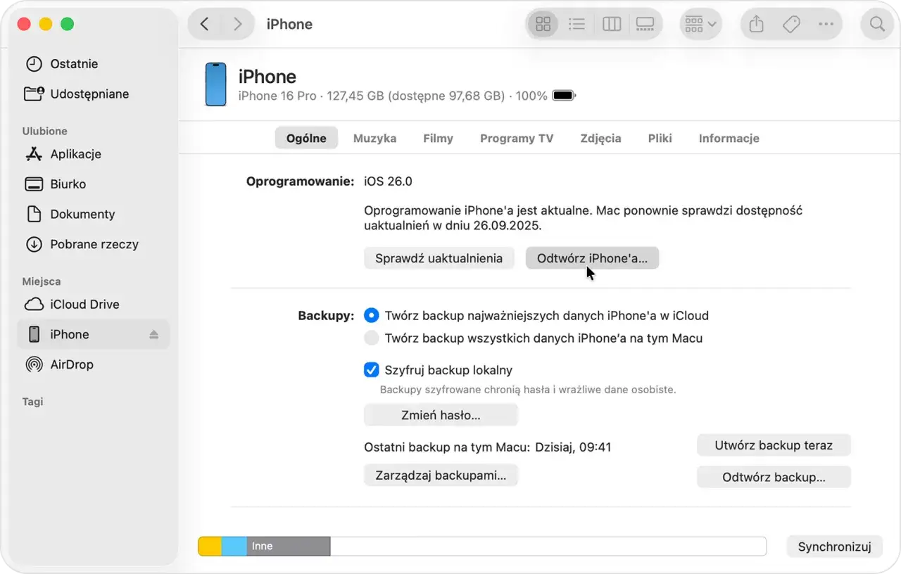 Odtwórz iPhone'a do ustawień fabrycznych. Kliknij przycisk 