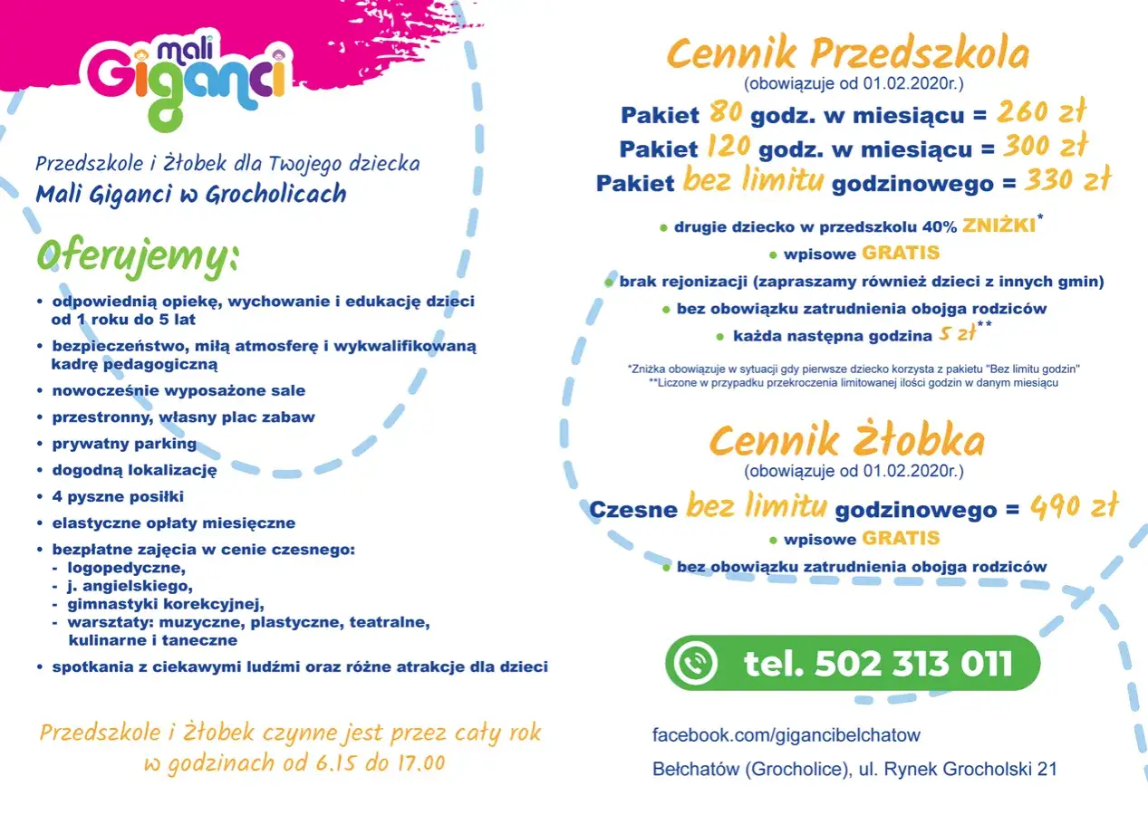 Cennik przedszkola Mali Giganci: pakiet bez limitu godzinowego 330 zł. Ile godzin w przedszkolu? U nas bez limitu!