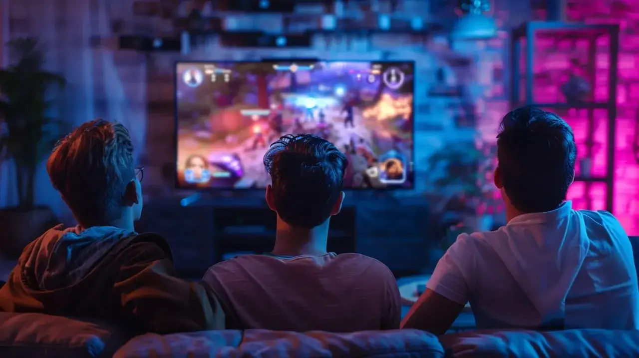 Trzech przyjaci&oacute;ł siedzi na kanapie, pogrążonych w emocjonujących grach ze znajomymi na dużym ekranie telewizora, w otoczeniu neonowego światła.