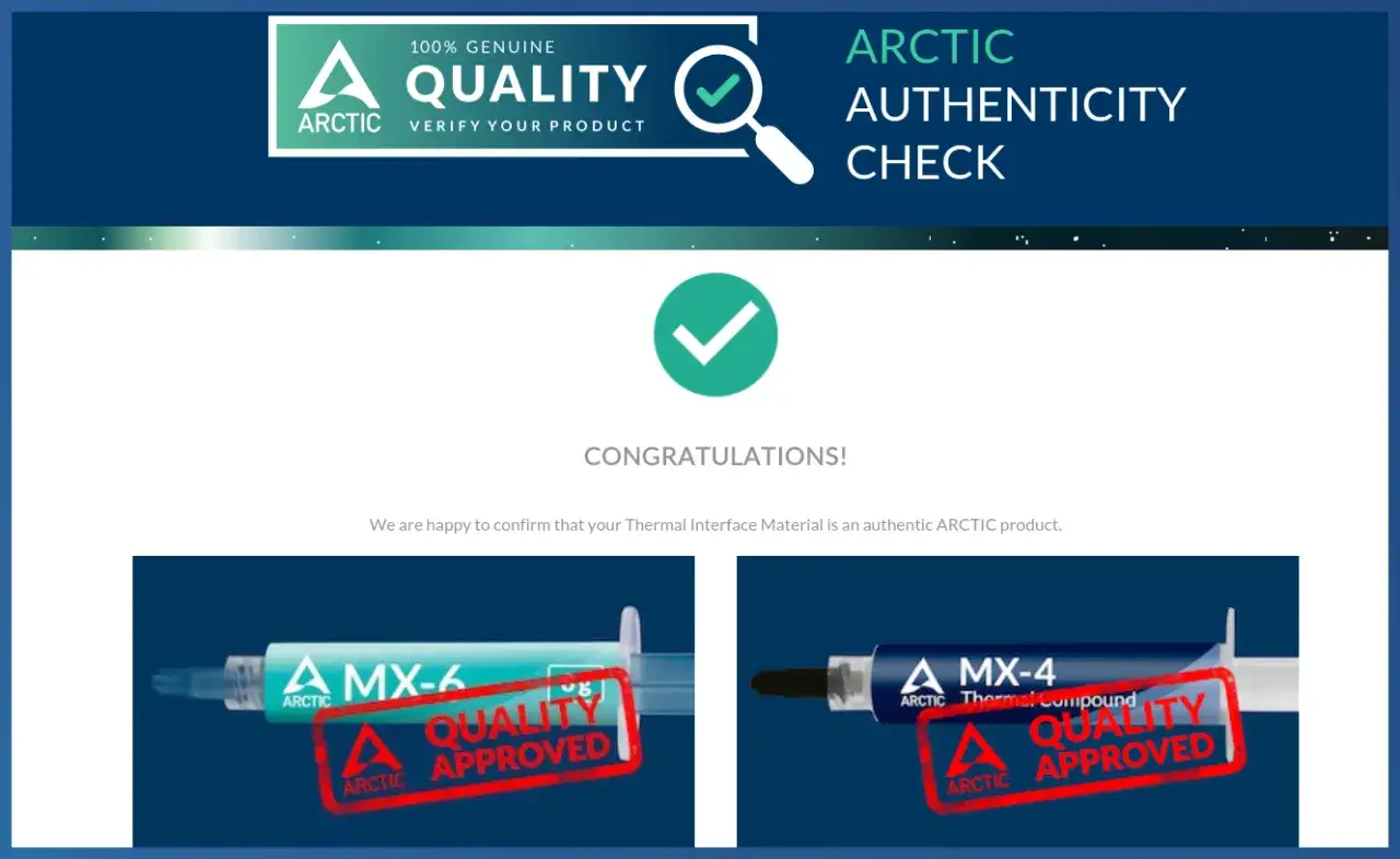 Wynik pozytywnego legit check: potwierdzenie autentyczności past termoprzewodzących ARCTIC MX-6 i MX-4.